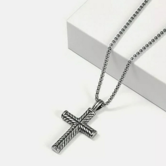 Mens Stainless Steel Vintage Cross Pendant Necklace - Picture 2 of 5